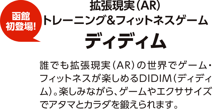 函館初登場！拡張現実（AR）トレーニング＆フィットネスゲーム　ディディム　誰でも拡張現実（AR)の世界でゲーム・フィットネスが楽しめるDIDIM（ディディム）楽しみながら、ゲームやエクササイズでアタマとカラダを鍛えられます。